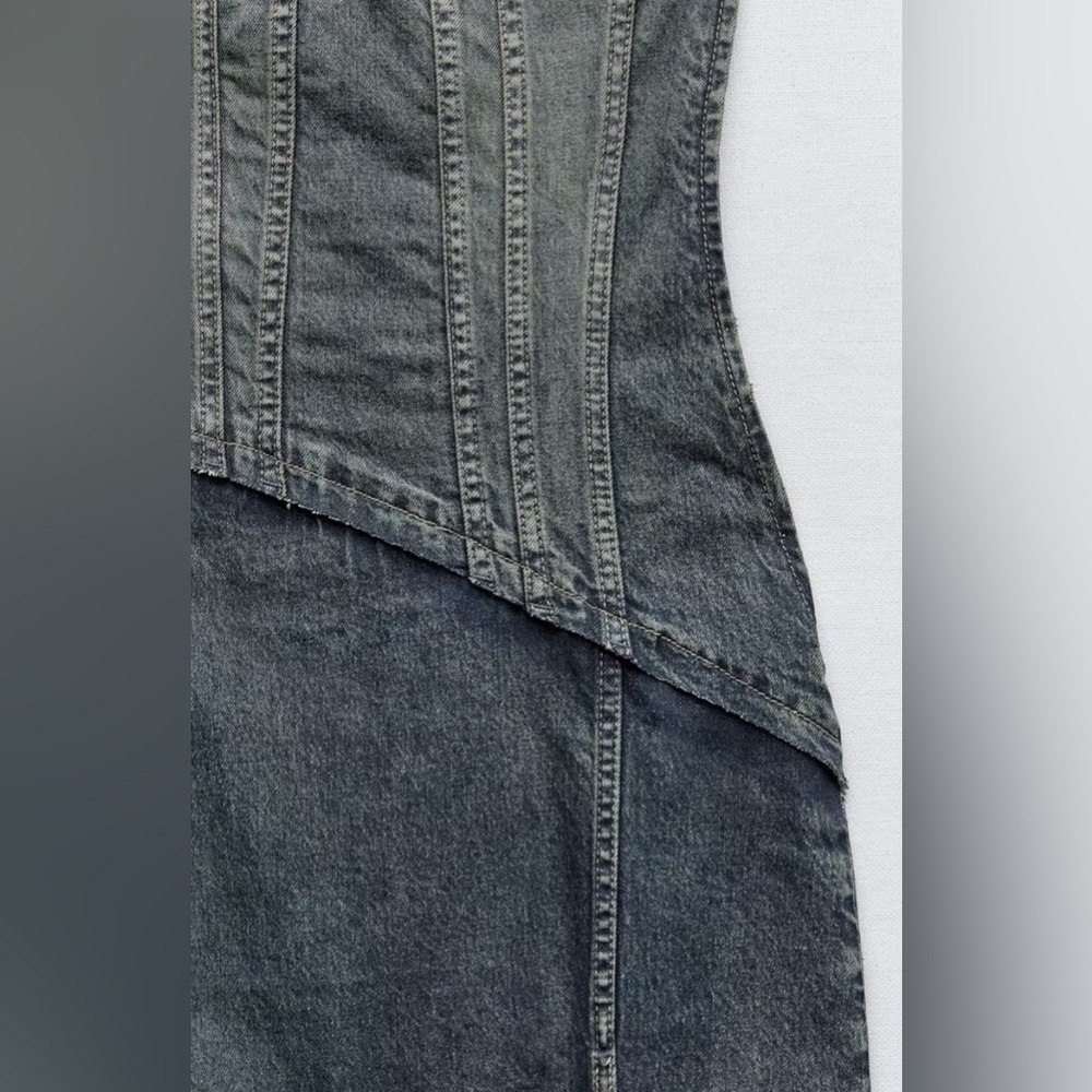 Zara TRF STRAPLESS DENIM MIDI DRESS. Navy Blue. Size XS. New with Tags. - Picture 8 of 10